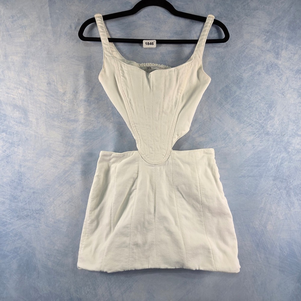 Zara White Denim Cut Out Corset Mini Dress XS Square Neck Smocked Back